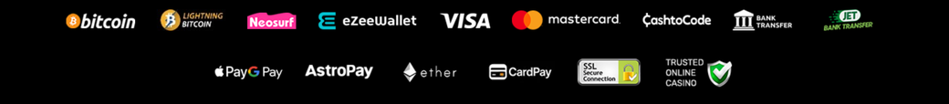 Accepted payment methods: Bitcoin, Lightning Bitcoin, Neosurf, EzeeWallet, Visa, Mastercard, Cash to Code, bank transfer, Apple Pay, Google Pay, AstroPay, Ether, CardPay and security marks